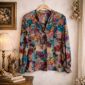 Vintage Braemar Floral Paisley Patchwork Blouse Retro Boho Large